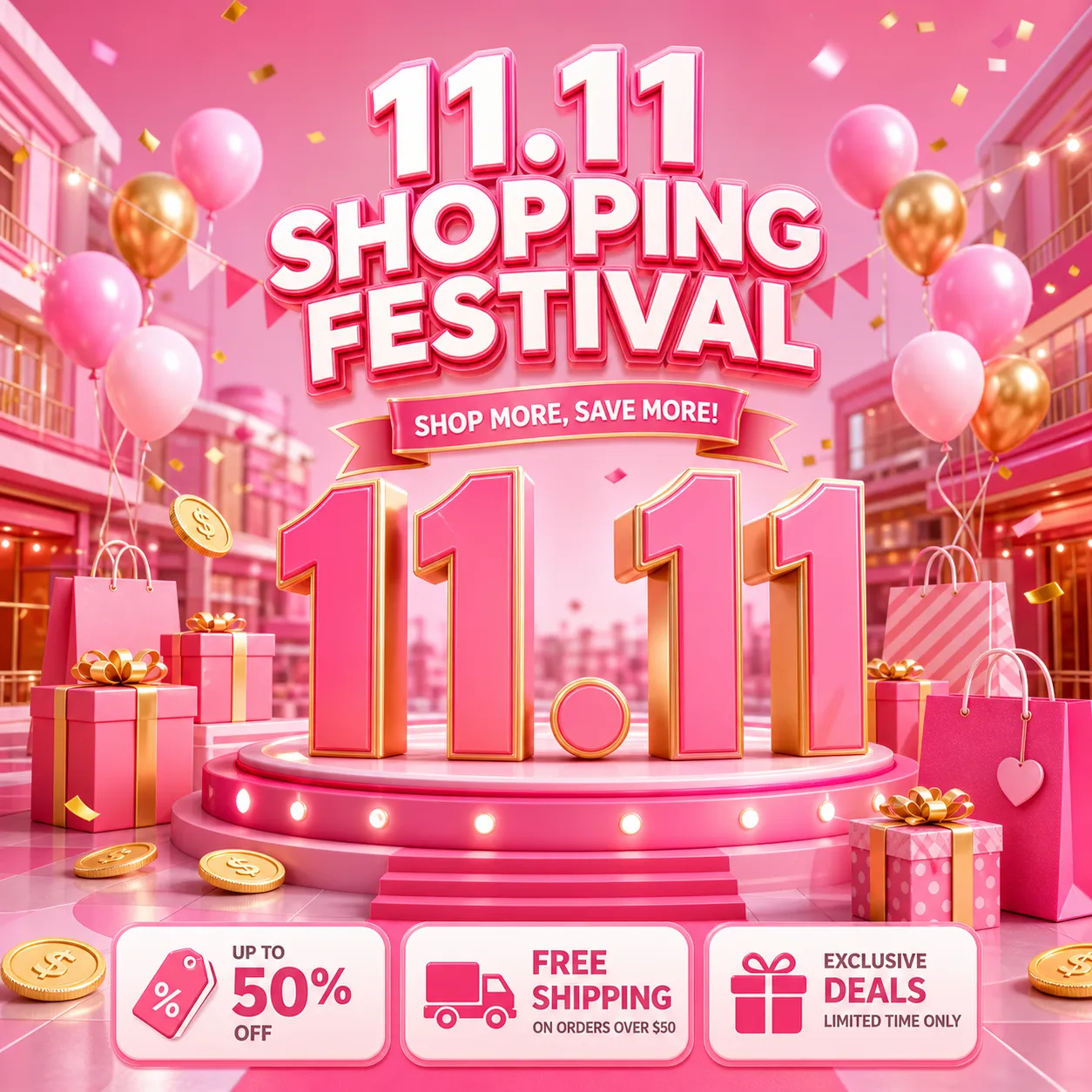 11.11 Shopping Festival 3D Scene with Gifts｜AI Image Generation Prompts
