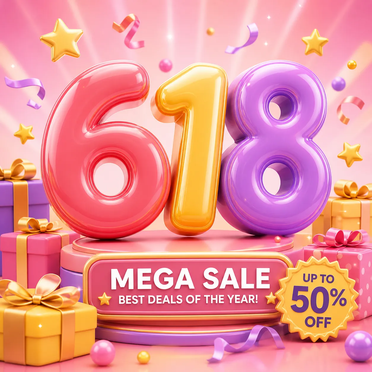 3D Pink 618 Numbers with Gifts and Stars｜AI Image Generation Prompts