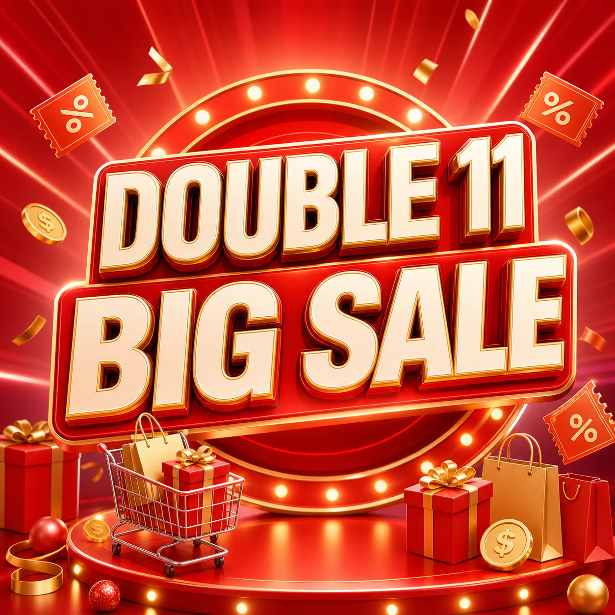 3D Double 11 Shopping Festival Sale Banner with Gifts｜AI Image Generation Prompts