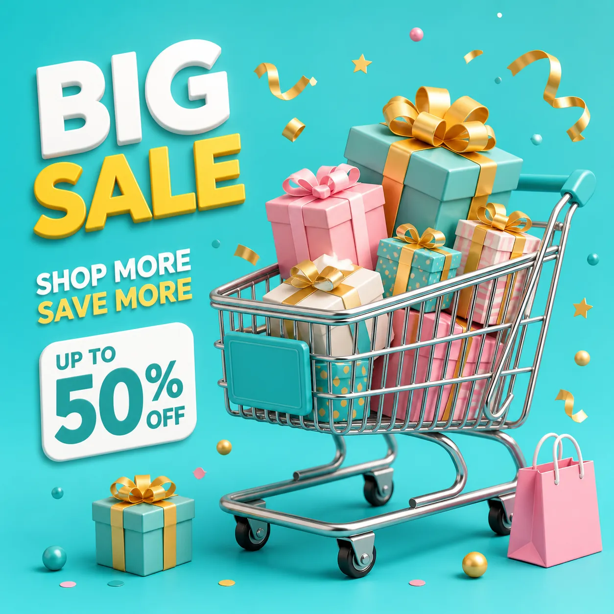 Colorful 3D Shopping Cart With Gifts And Icons｜AI Image Generation Prompts
