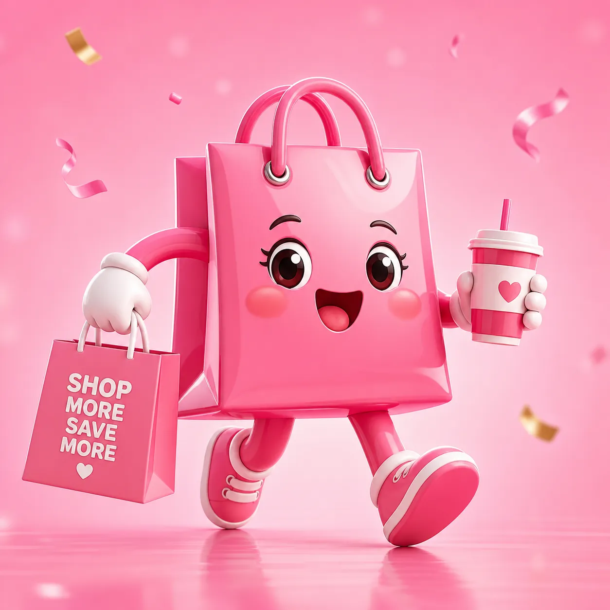 Cute pink 3D mascot holding drink and shopping bag｜AI Image Generation Prompts