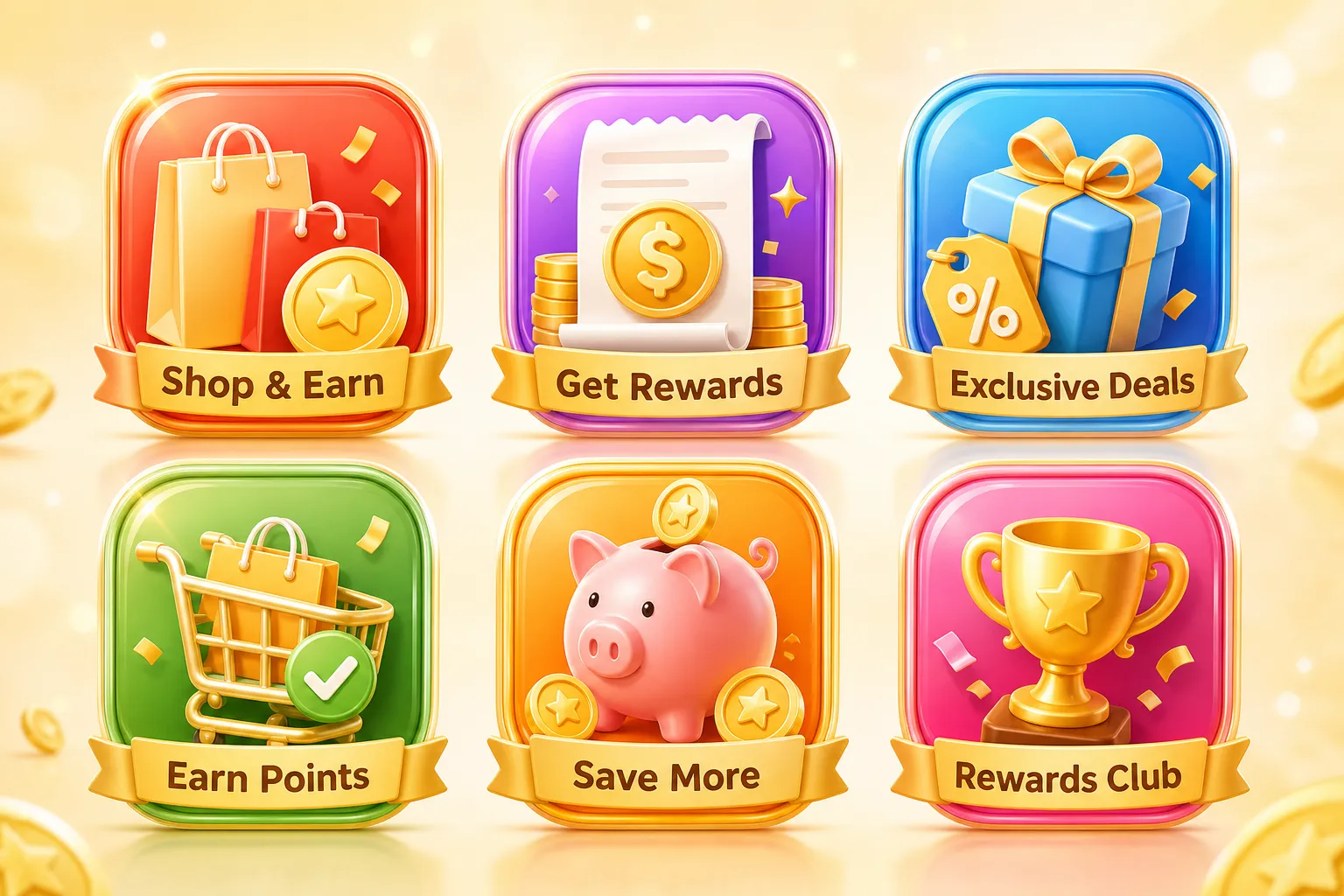 3D Shopping and Reward Icons Set with Gold Coins｜AI Image Generation Prompts