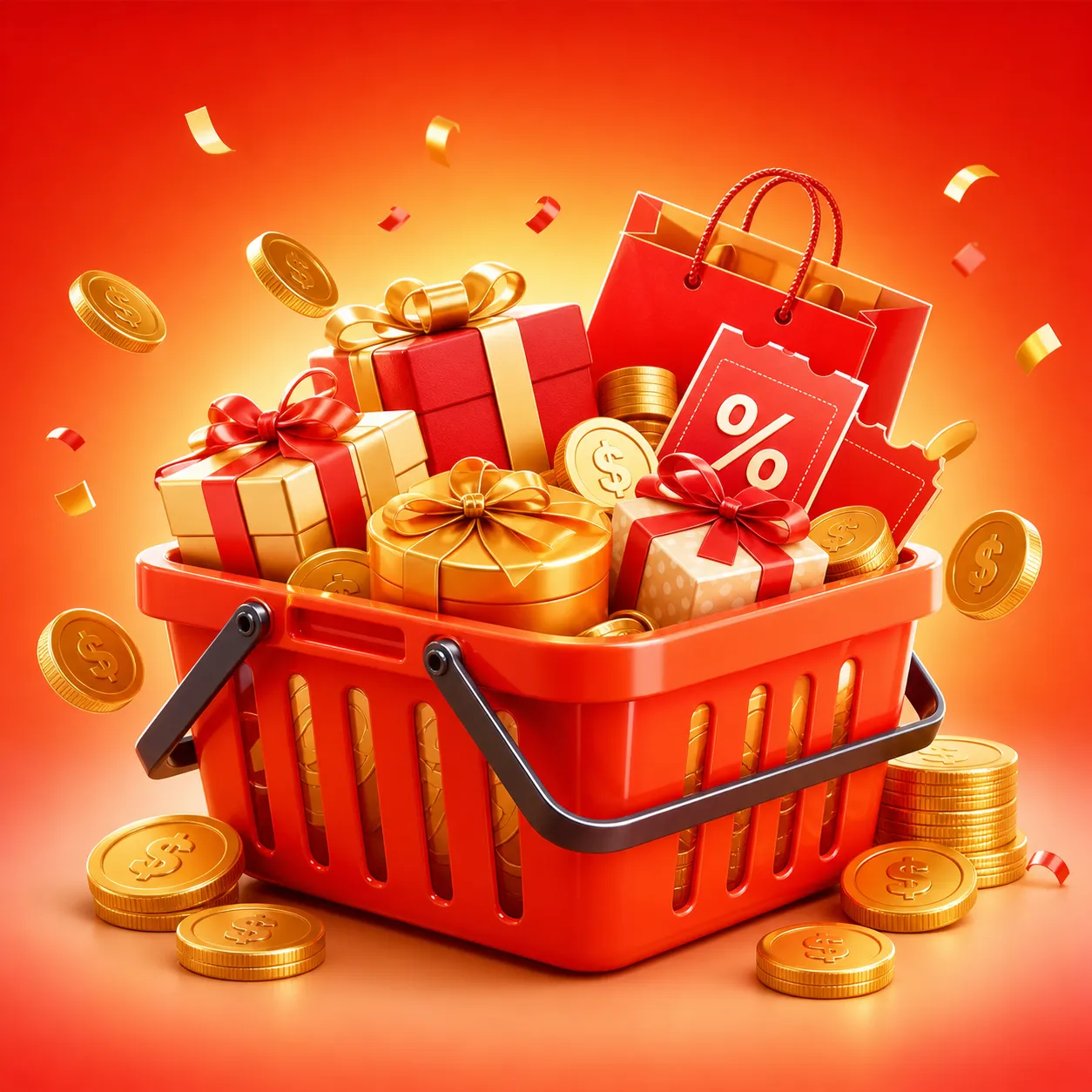 3D Red Shopping Basket With Gifts And Coins｜AI Image Generation Prompts