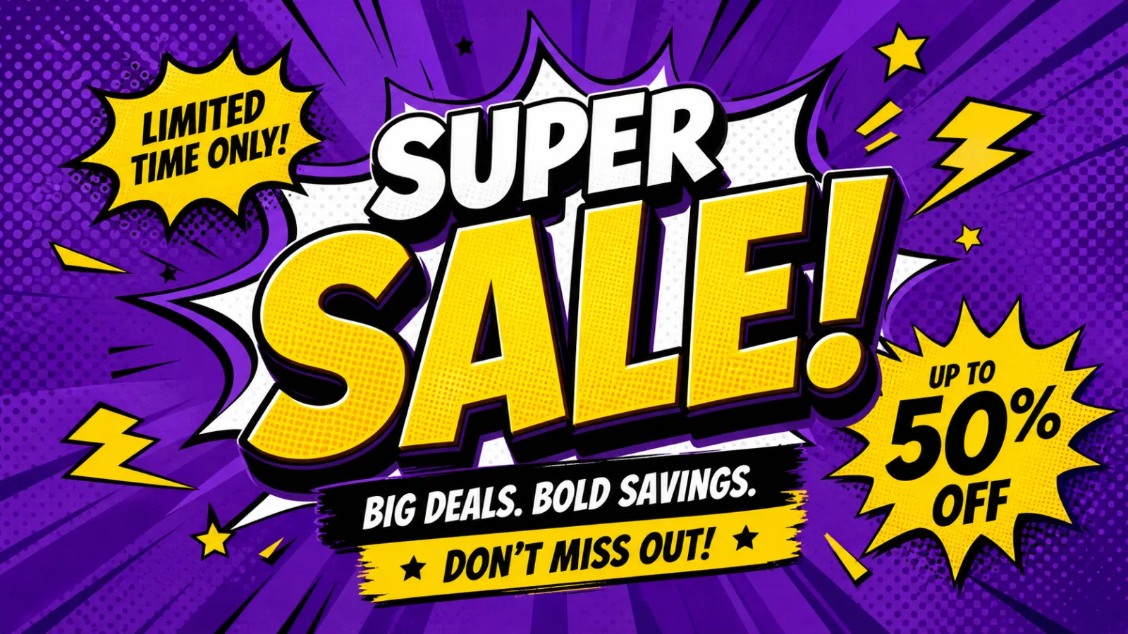 Purple Comic Style 50% Off Special Discount Sale Banner｜AI Image Generation Prompts