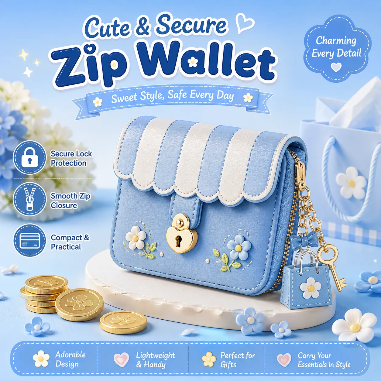 3D Blue Wallet with Shop Awning and Coins｜AI Image Generation Prompts