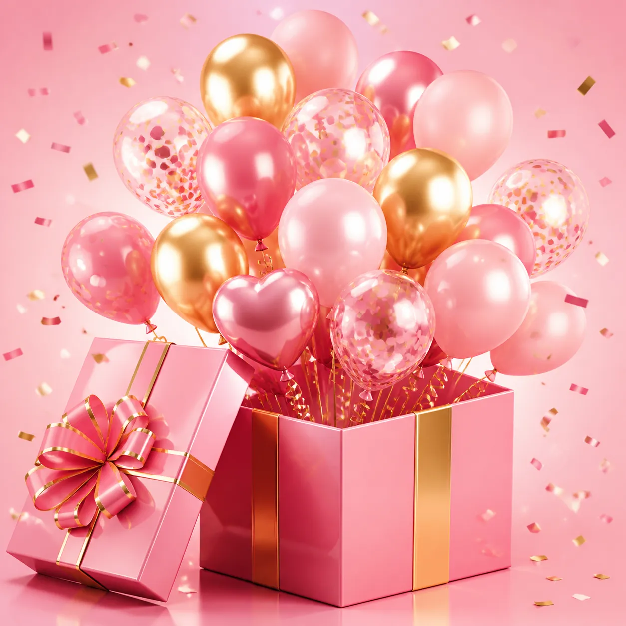 Pink Gift Box with Heart Balloons and Confetti｜AI Image Generation Prompts