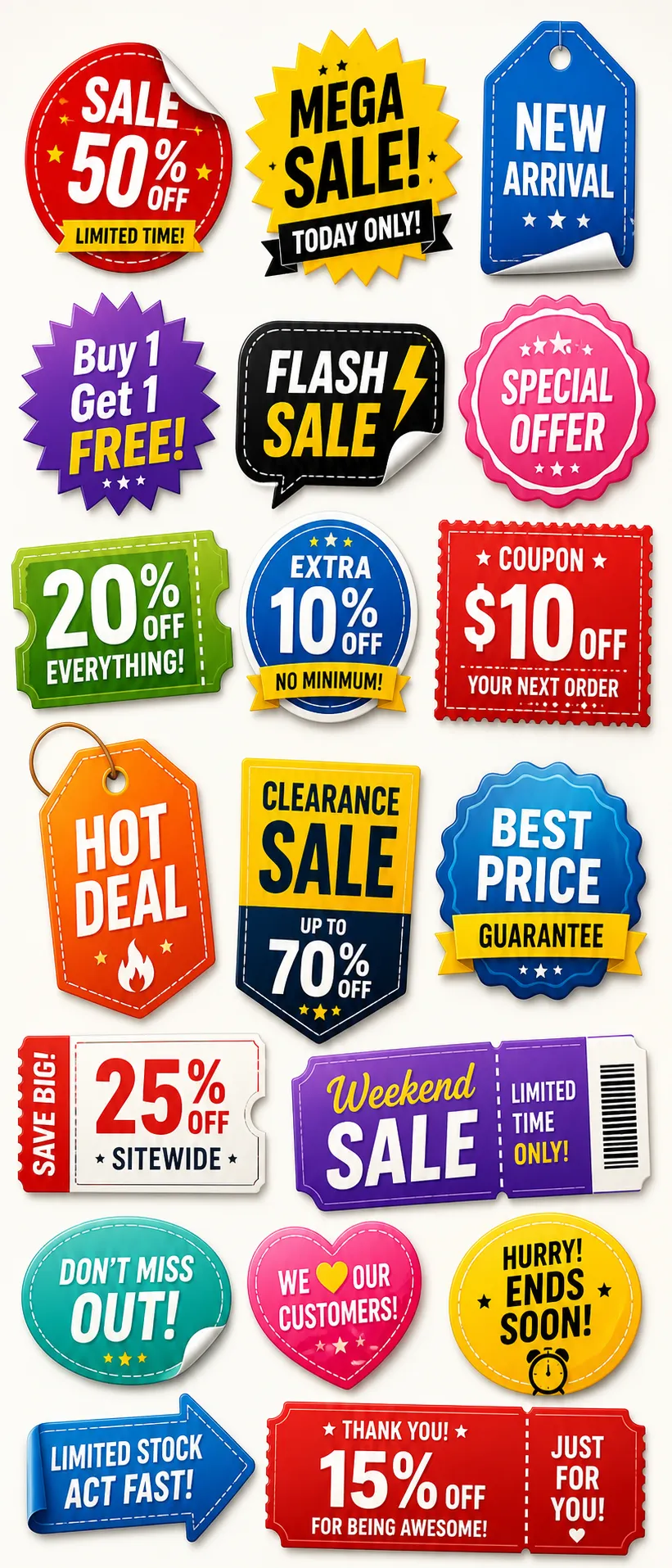 Colorful 3D Sale, Coupon, and Discount Badges Set｜AI Image Generation Prompts