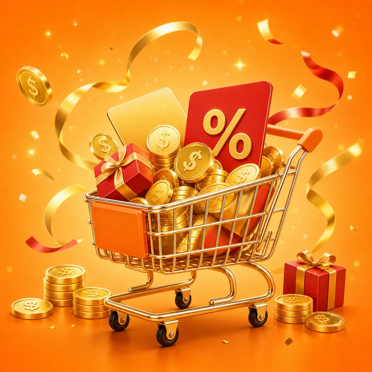 Shopping cart filled with gold coins, gifts and cards｜AI Image Generation Prompts
