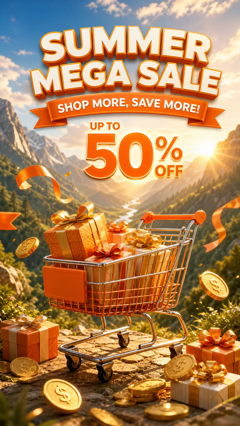 Shopping cart with gifts and gold coins in a scenic valley｜AI Image Generation Prompts
