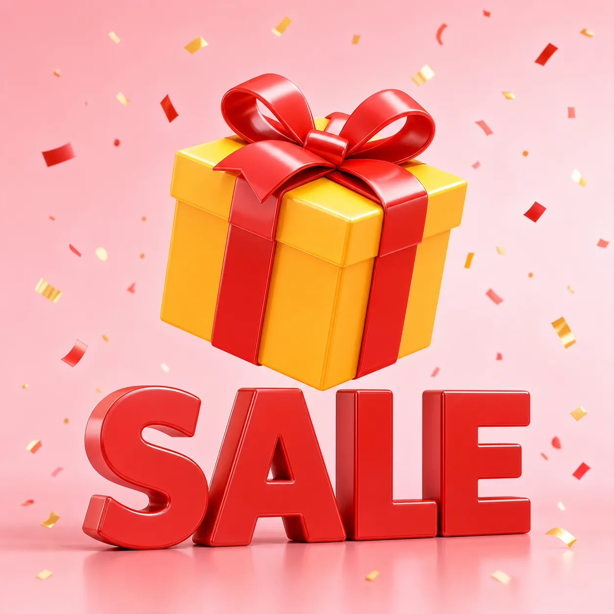 3D Yellow Gift Box With Red Ribbon On Sale Text｜AI Image Generation Prompts