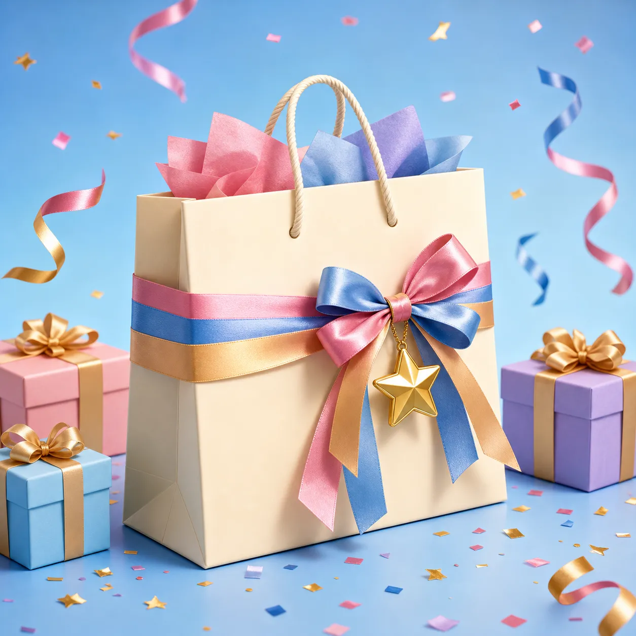 3D Shopping Bag Filled With Colorful Gift Boxes｜AI Image Generation Prompts