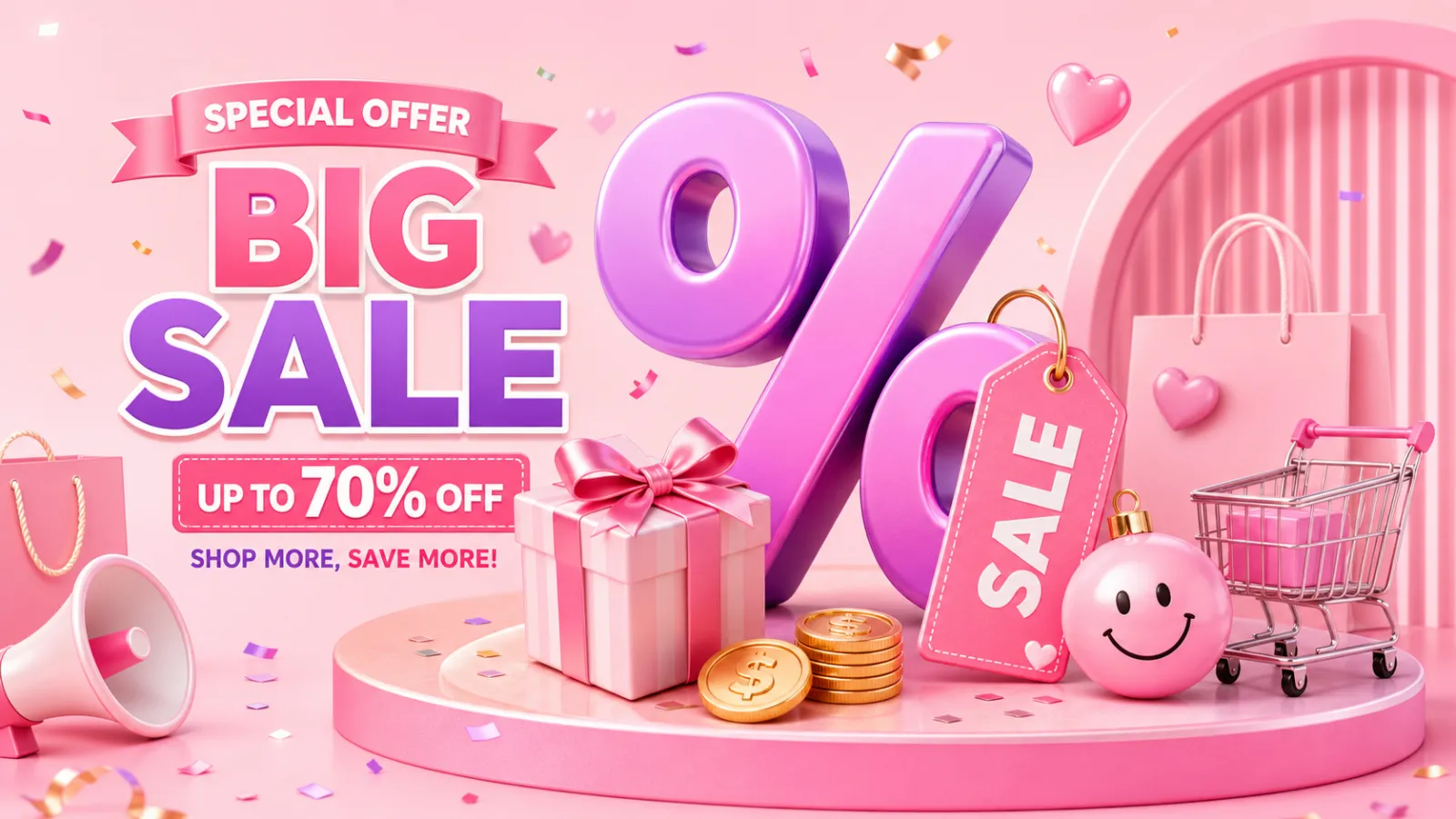 3D Pink Shopping Sale Scene with Percentage Sign｜AI Image Generation Prompts