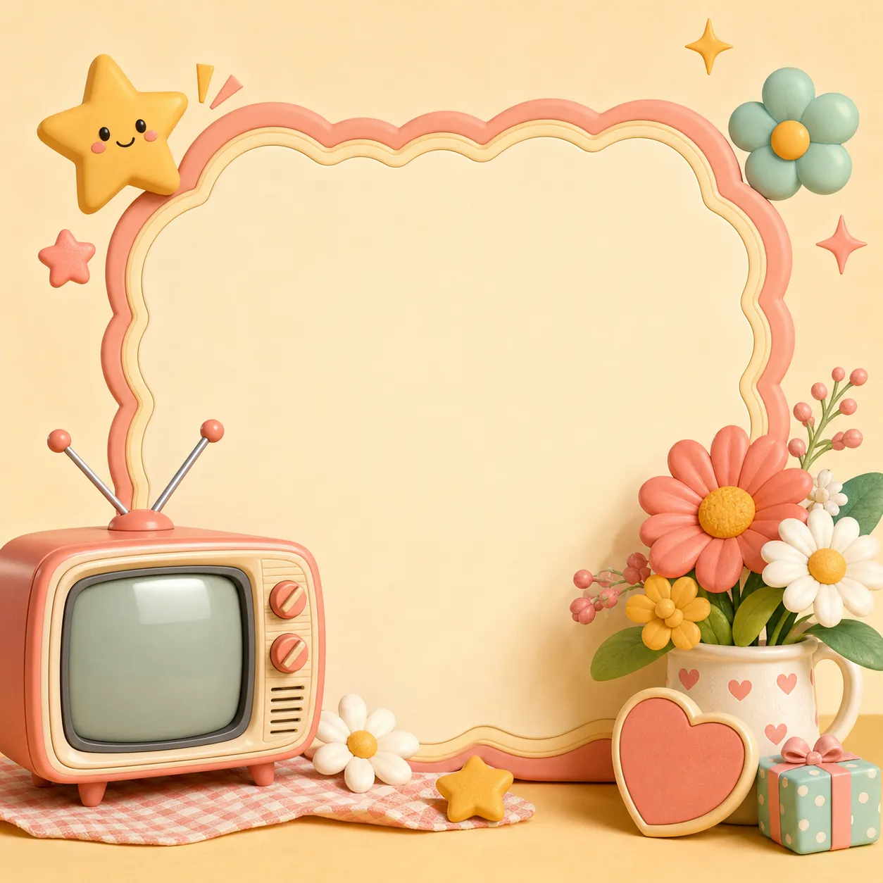 Cute 3D pastel frame with retro TV and flowers｜AI Image Generation Prompts