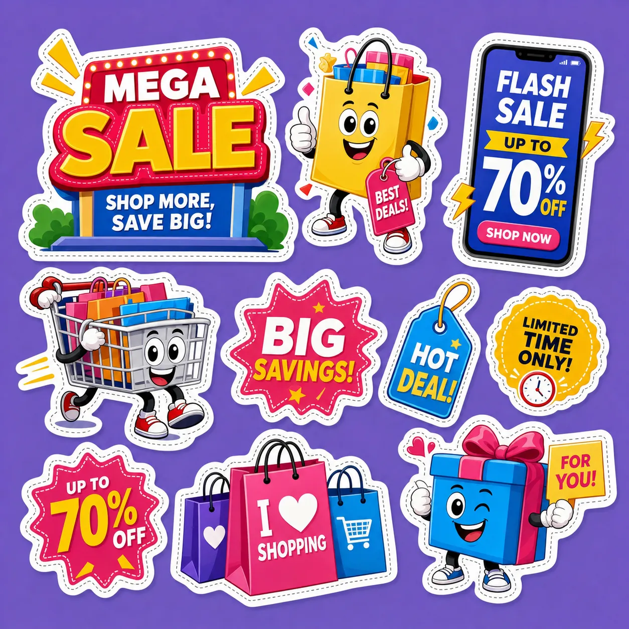 Colorful Shopping And Sale Stickers Set｜AI Image Generation Prompts