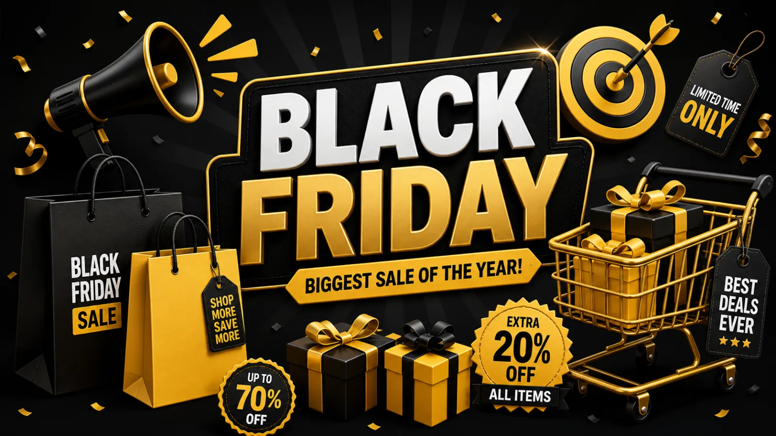 3D Black Friday Sale Icons Set in Black and Gold｜AI Image Generation Prompts