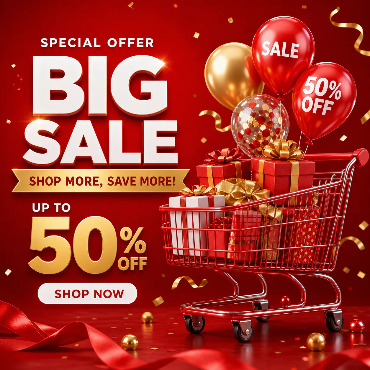 Red Shopping Cart With Gifts And Balloons｜AI Image Generation Prompts