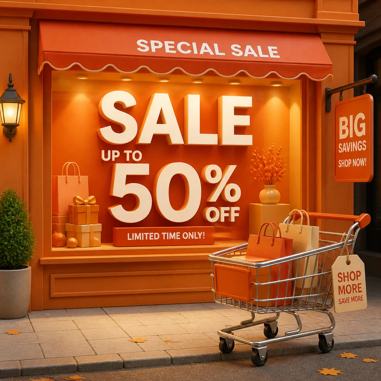 3D shopping cart filled with colorful gifts and balloons｜AI Image Generation Prompts