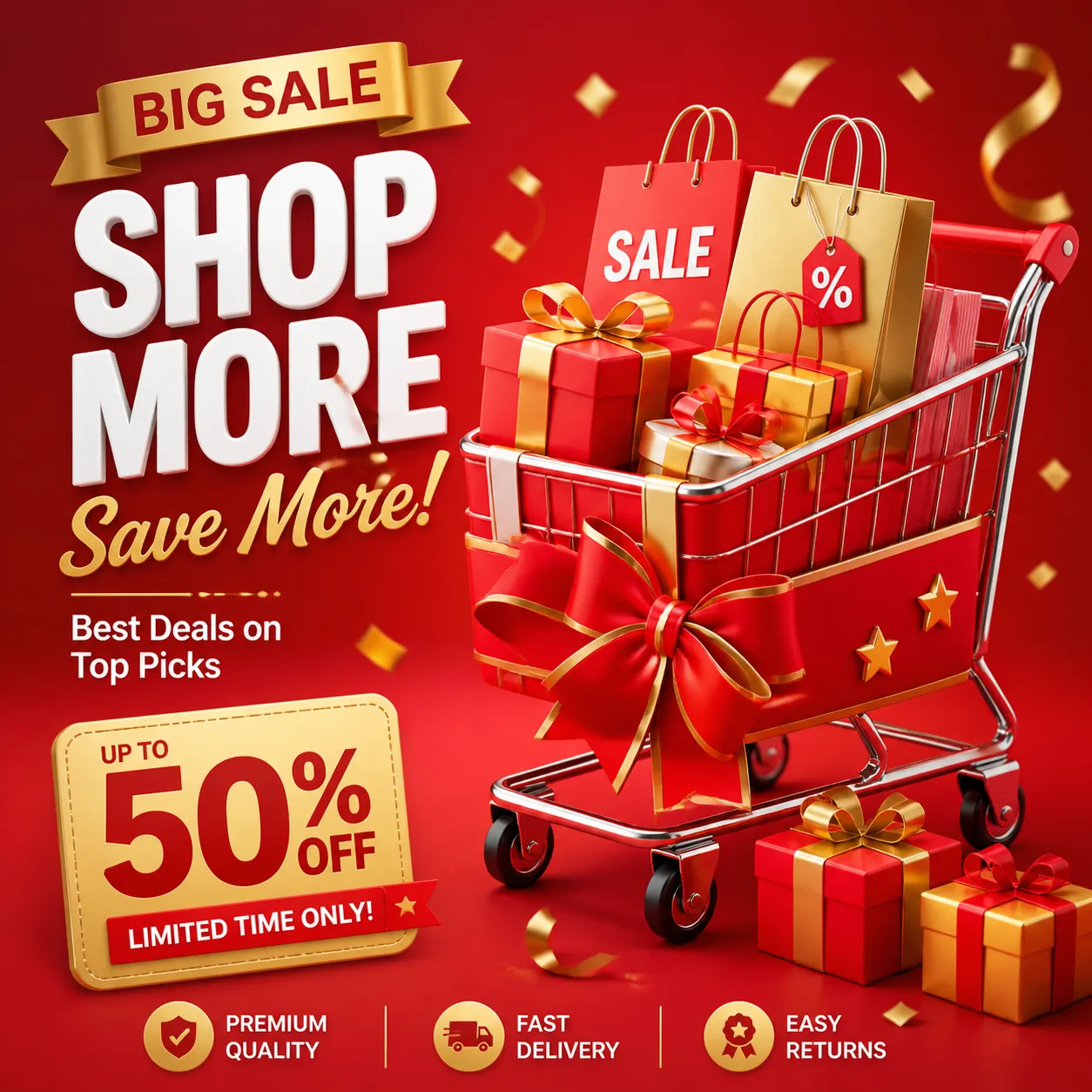 Red shopping cart filled with gifts and bags｜AI Image Generation Prompts