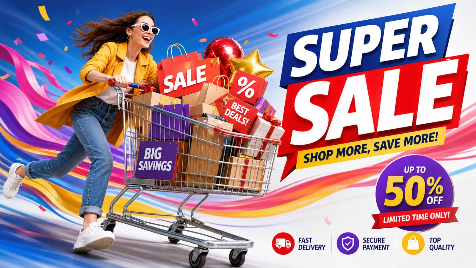 3D Cartoon Woman Pushing Shopping Cart Full Of Gifts｜AI Image Generation Prompts