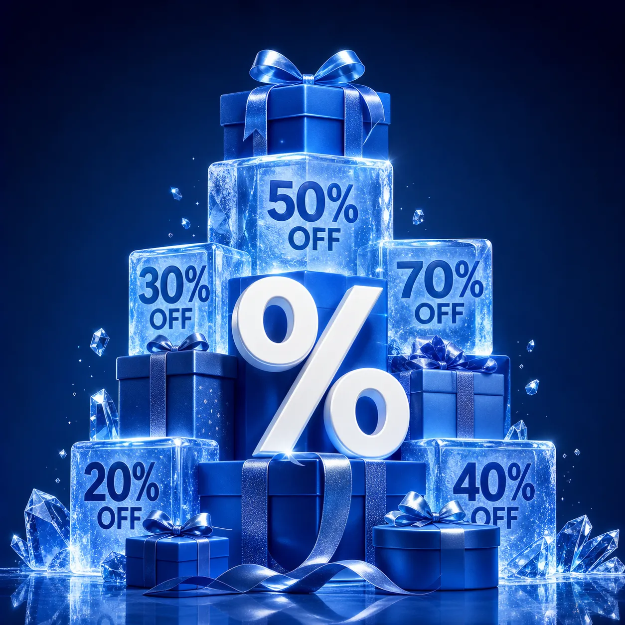 3D Blue Gift Boxes and Percentage Signs for Sale｜AI Image Generation Prompts