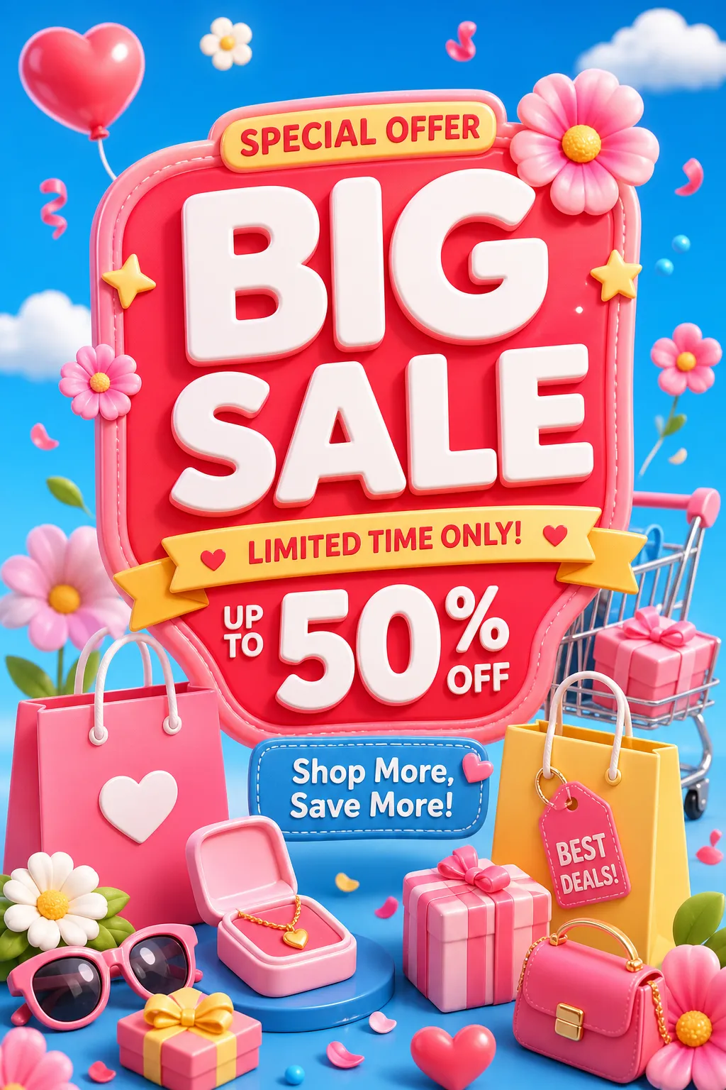 Cute 3D 50% Off Sale Illustration with Shopping Cart｜AI Image Generation Prompts
