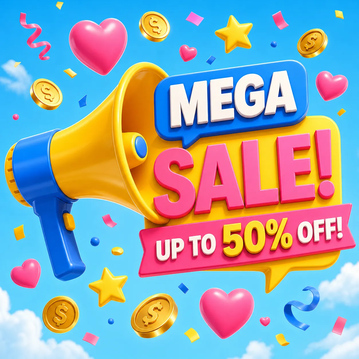 3D hand holding a megaphone with floating shapes｜AI Image Generation Prompts