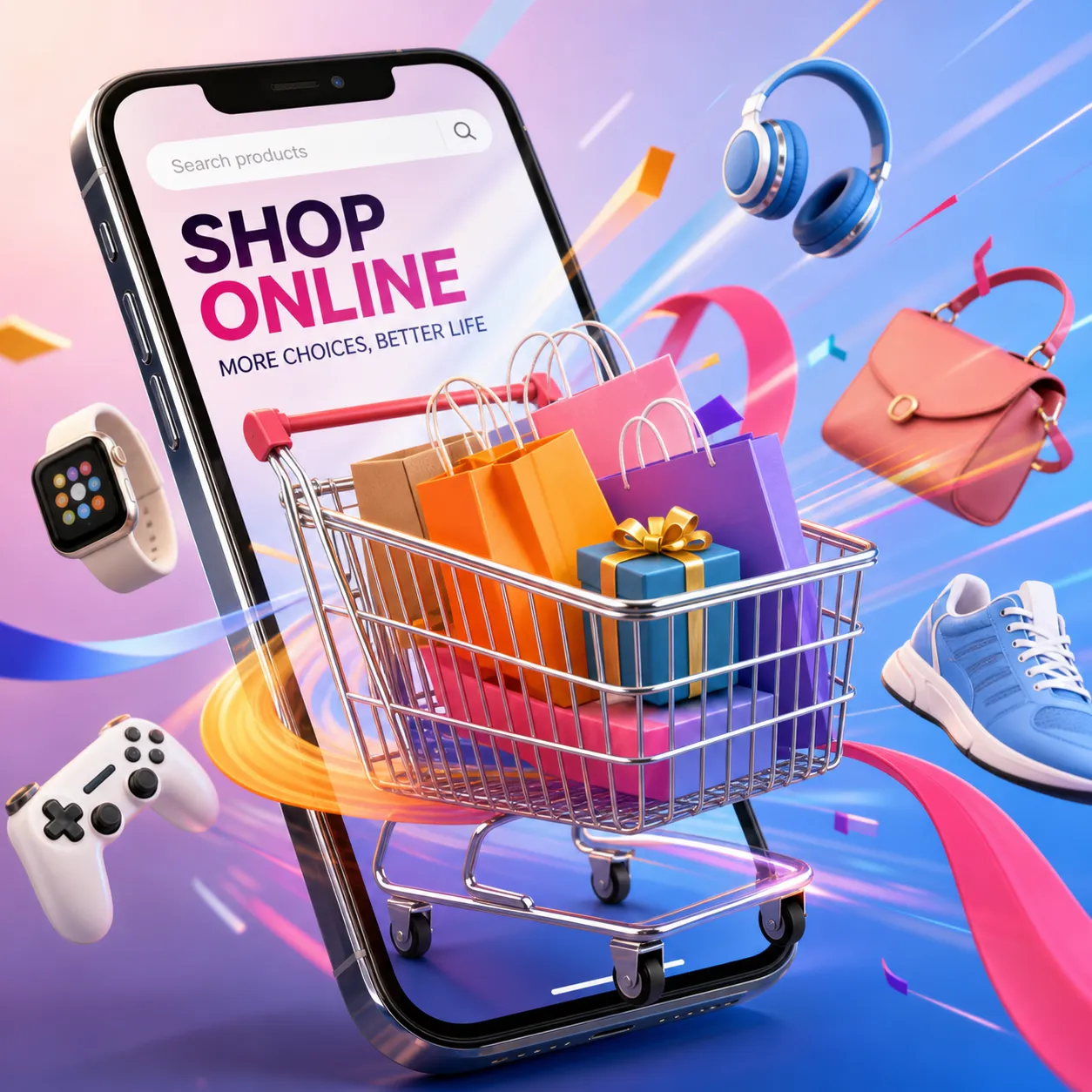 Shopping cart with gifts coming out of smartphone｜AI Image Generation Prompts