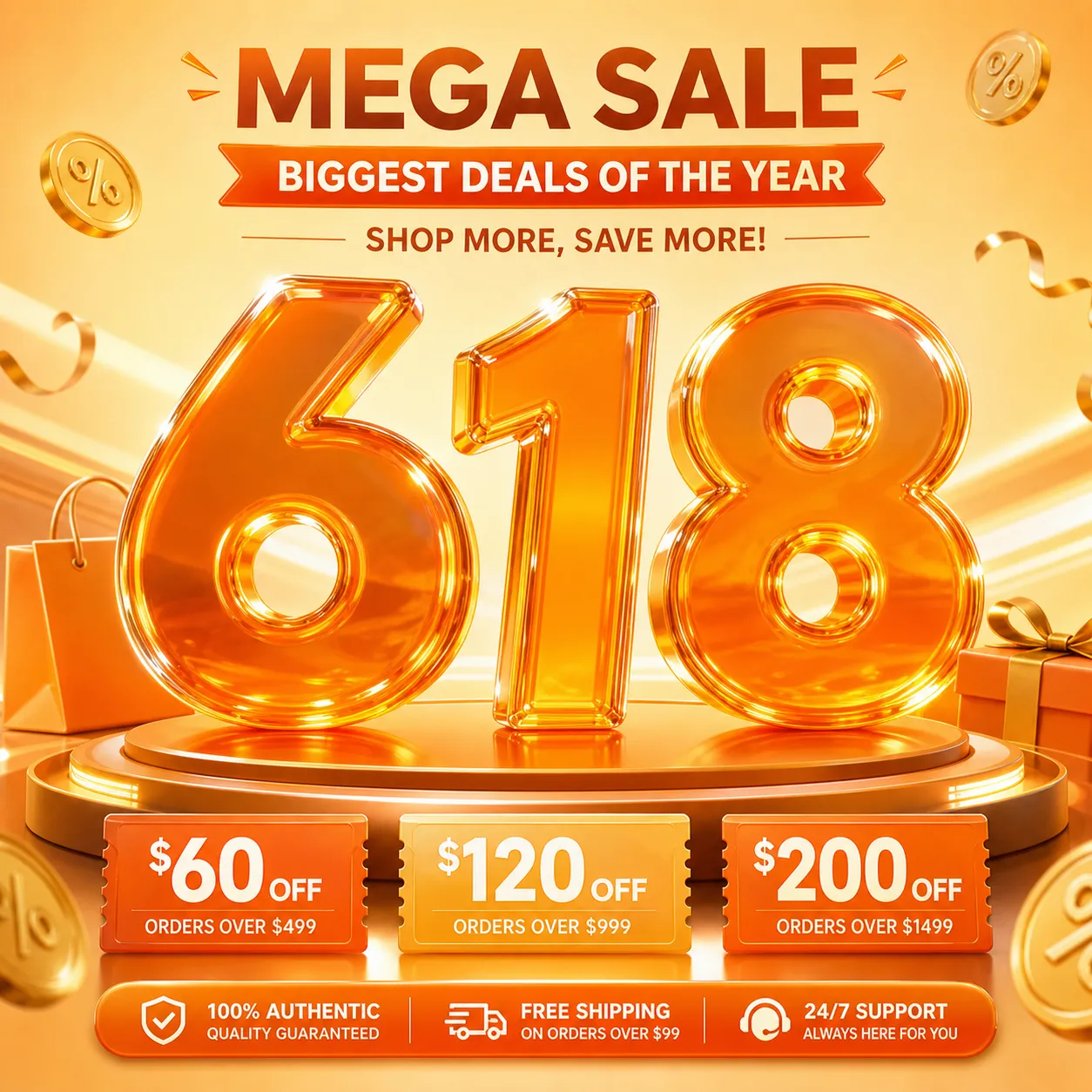 3D Orange 618 Number Design with Confetti｜AI Image Generation Prompts
