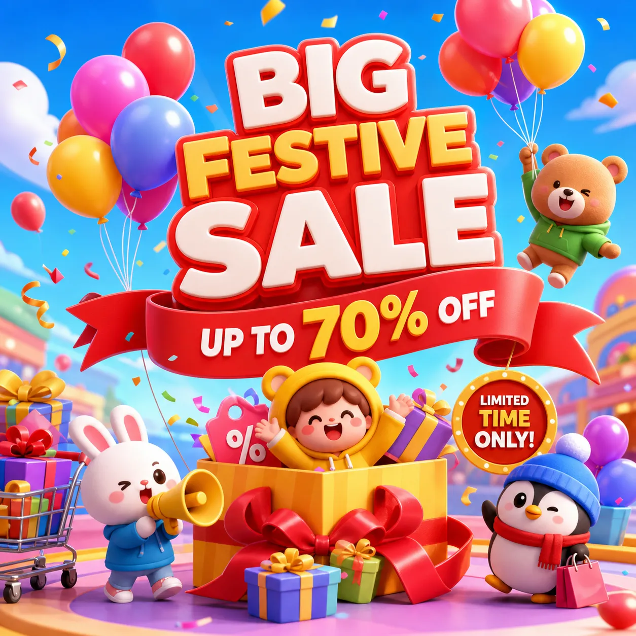 Pink 3D mascot celebrating with gifts, balloons, and coins｜AI Image Generation Prompts