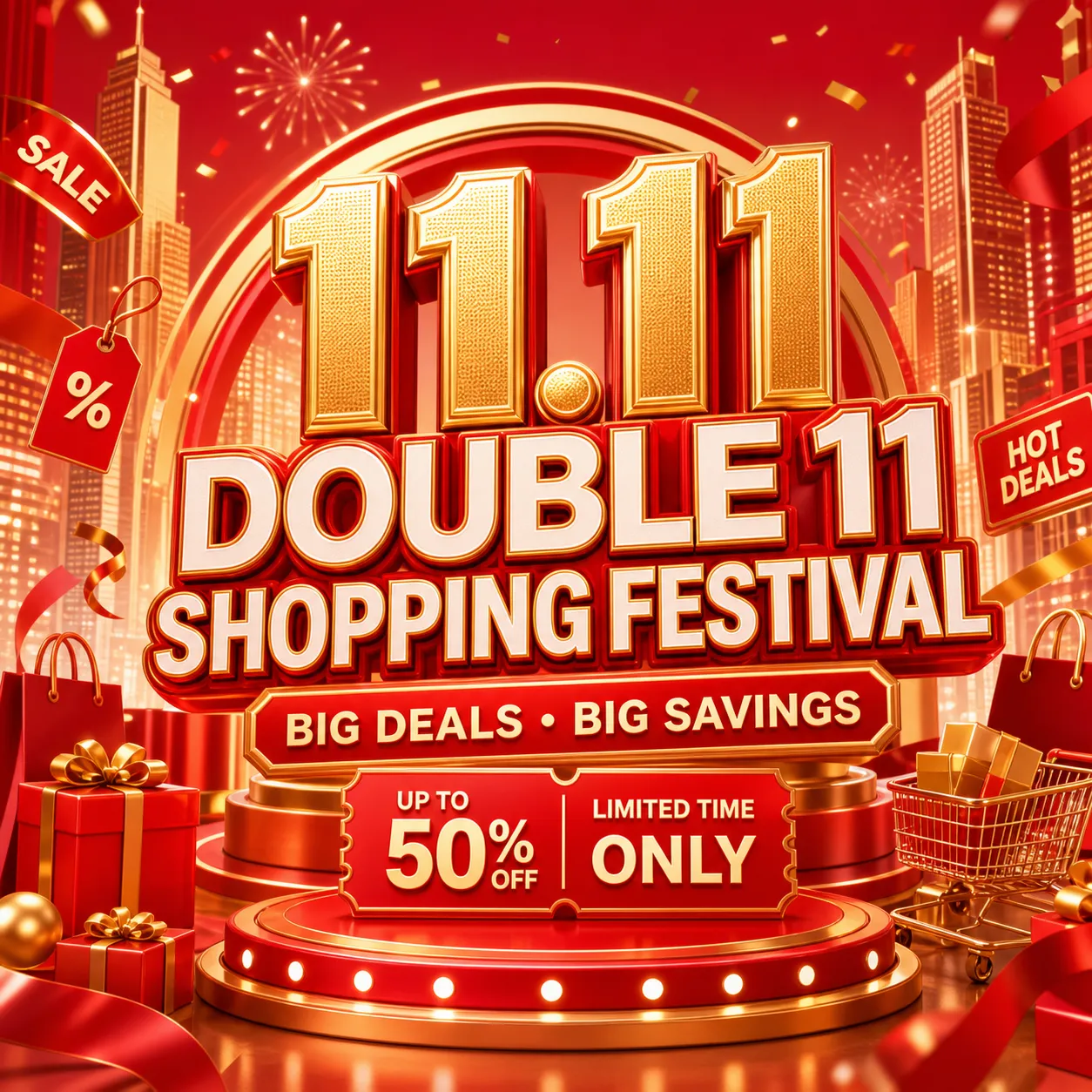 3D Double 11 Shopping Festival Text with Gifts｜AI Image Generation Prompts