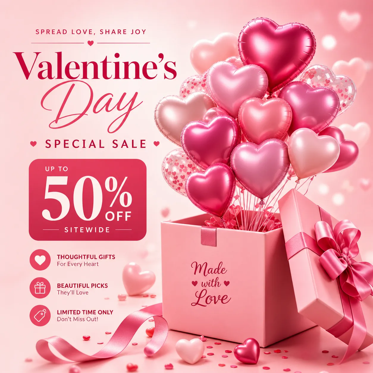 Pink Heart Balloons in a Gift Box with Confetti｜AI Image Generation Prompts