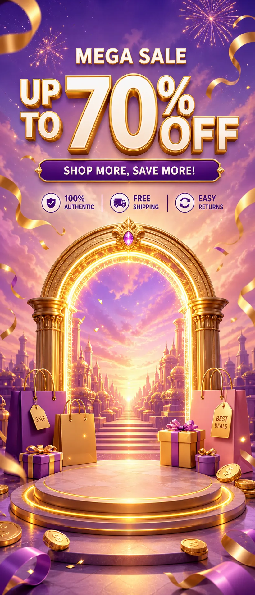 Festive Golden Archway with Gifts and Shopping Cart｜AI Image Generation Prompts