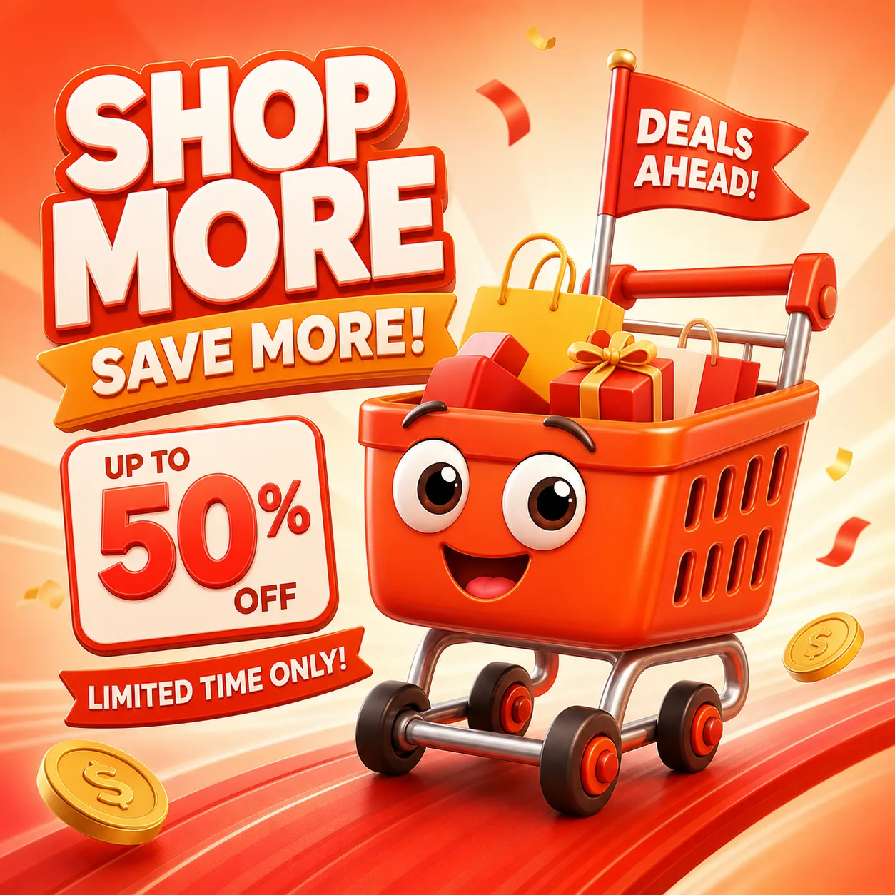 Cute 3D Red Shopping Cart Character with Flag｜AI Image Generation Prompts