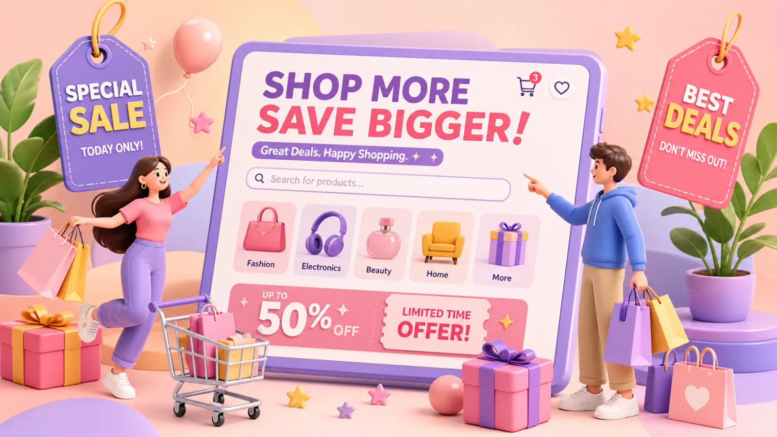 3D illustration of people shopping online｜AI Image Generation Prompts