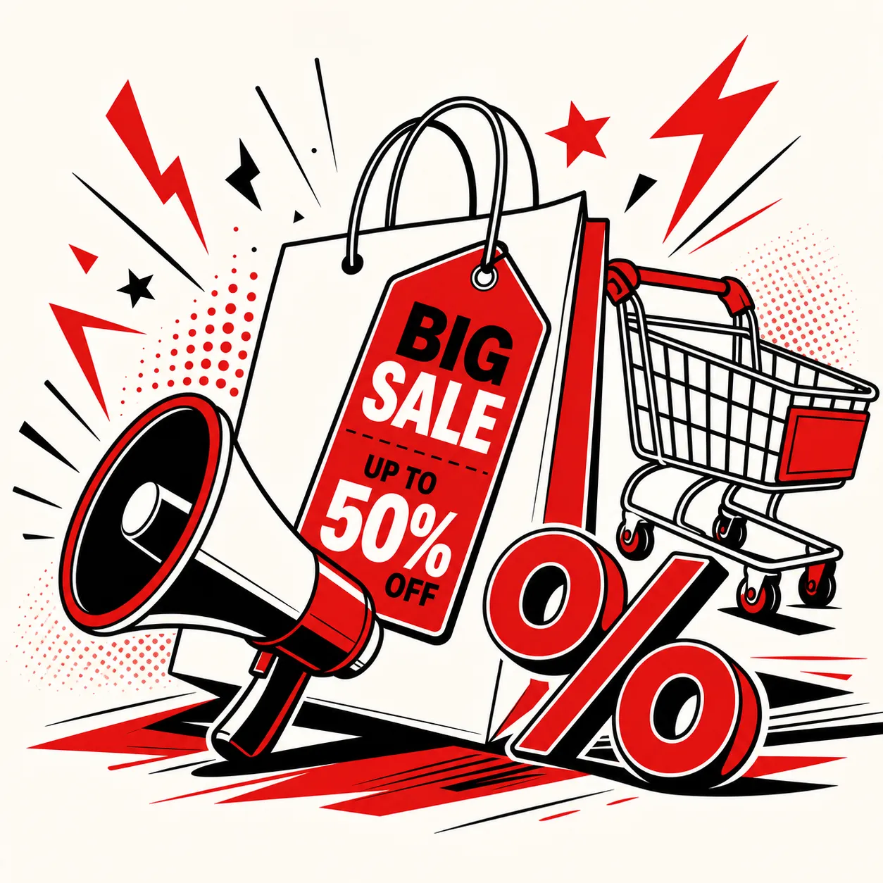 Red and black shopping sale doodle illustration｜AI Image Generation Prompts