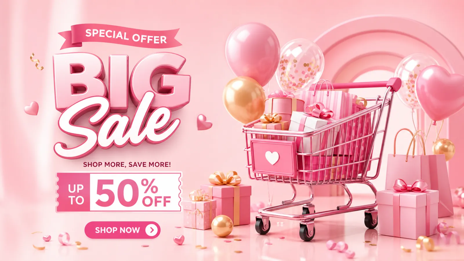Pink shopping cart filled with gifts and balloons｜AI Image Generation Prompts