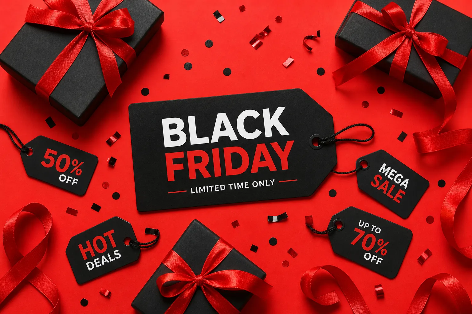 Sale concept with black gift boxes and tags on red｜AI Image Generation Prompts