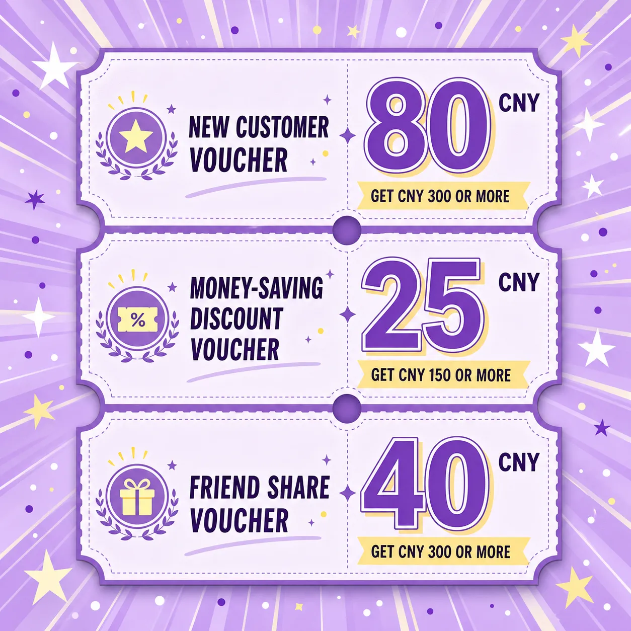 Purple discount coupon banner with yuan offers｜AI Image Generation Prompts
