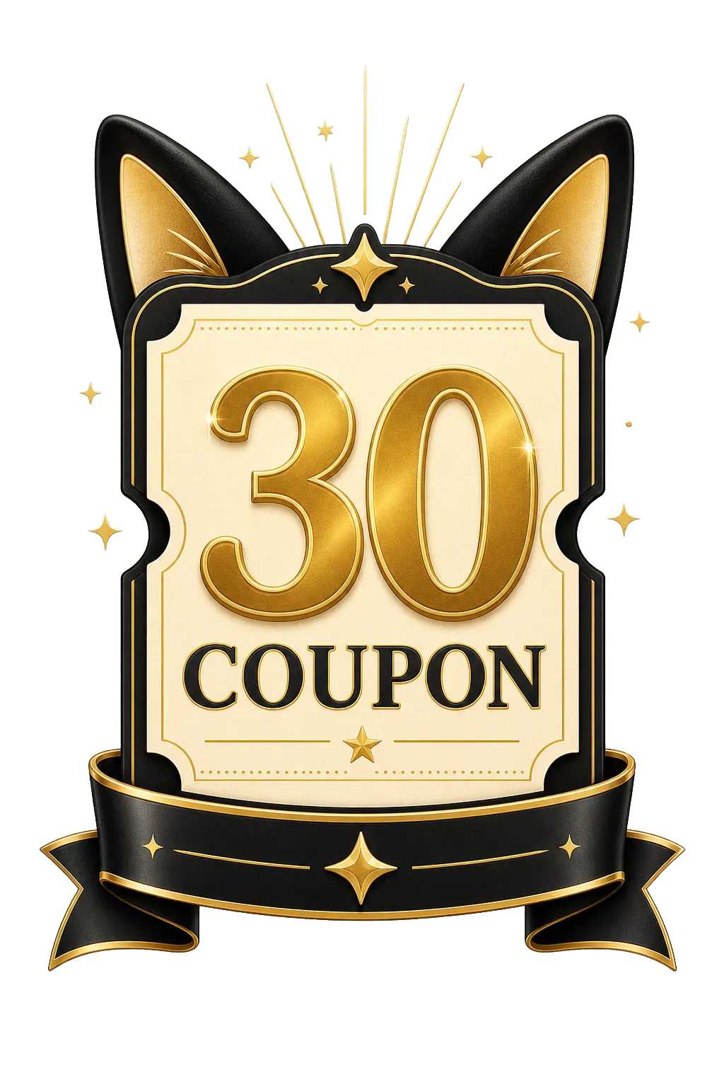 Black cat peeking over a golden 30 discount coupon.｜AI Image Generation Prompts