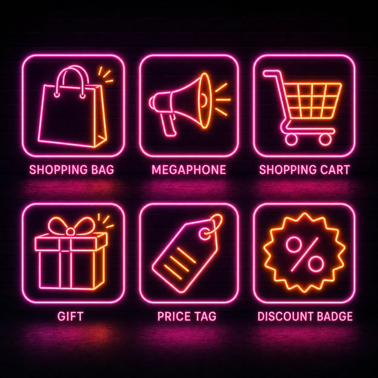 Neon Shopping Sale Icons with 50 Percent Discount｜AI Image Generation Prompts
