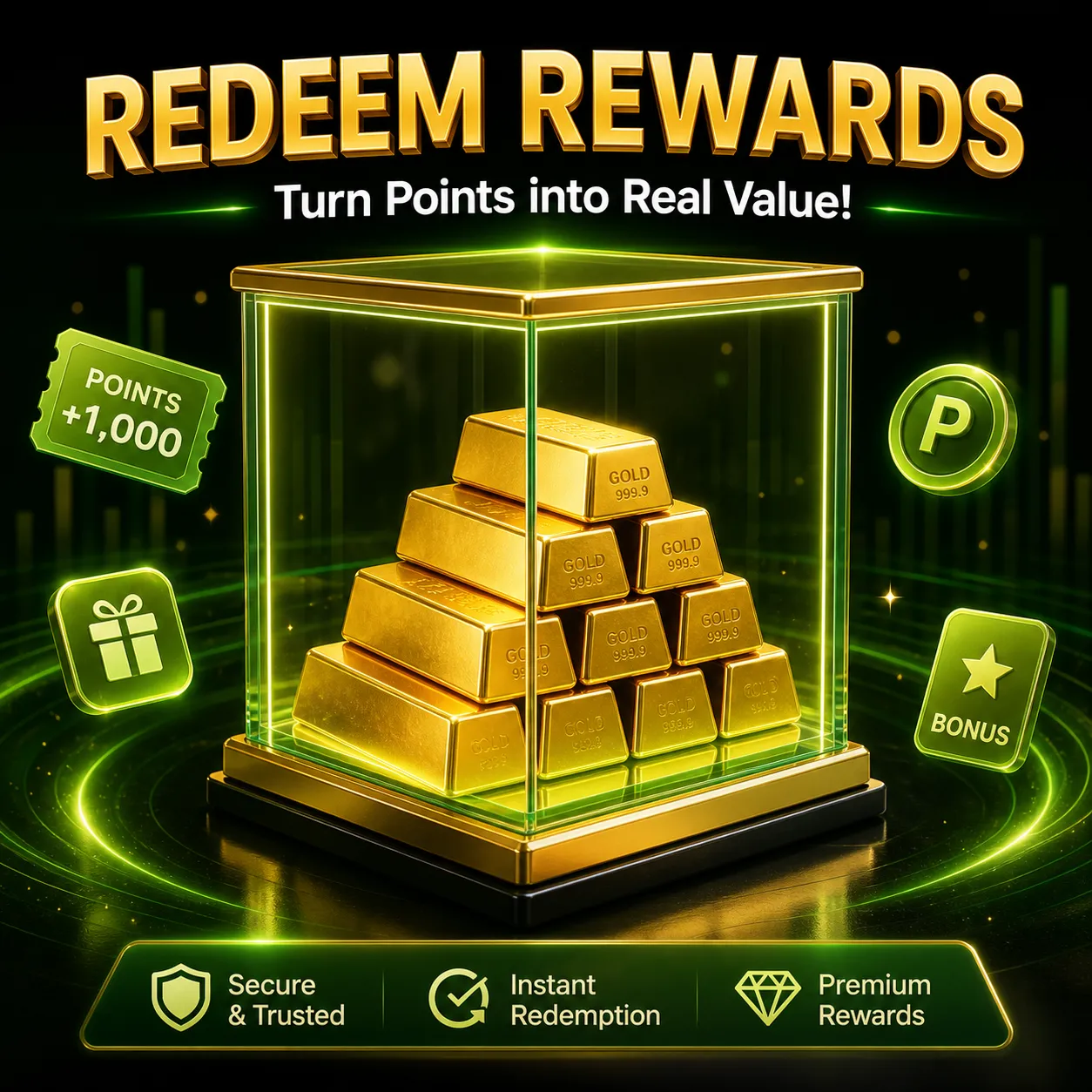 Gold bars in glass container with floating reward icons.｜AI Image Generation Prompts