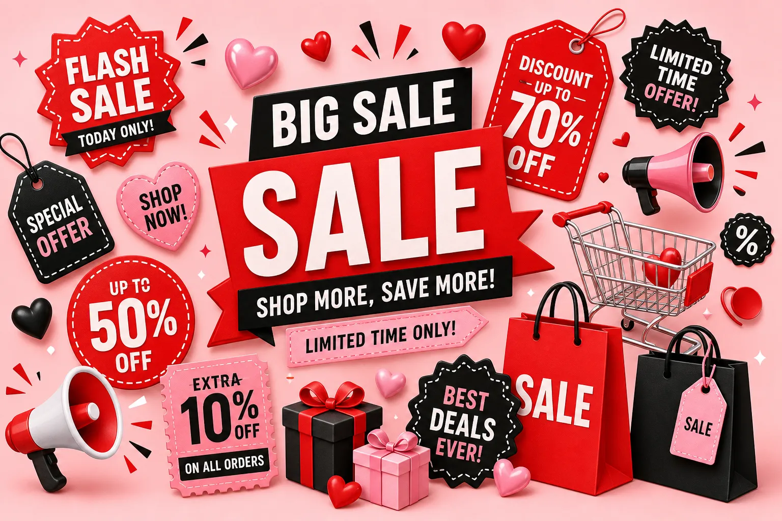 3D Red and Black Shopping Sale Icons Set｜AI Image Generation Prompts