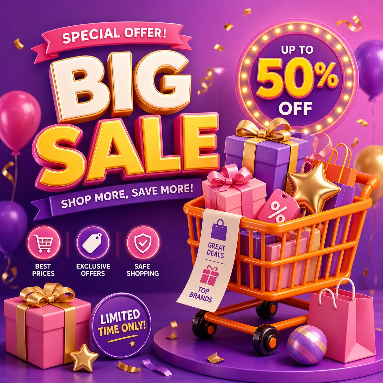 3D Orange Shopping Cart With Colorful Gifts｜AI Image Generation Prompts