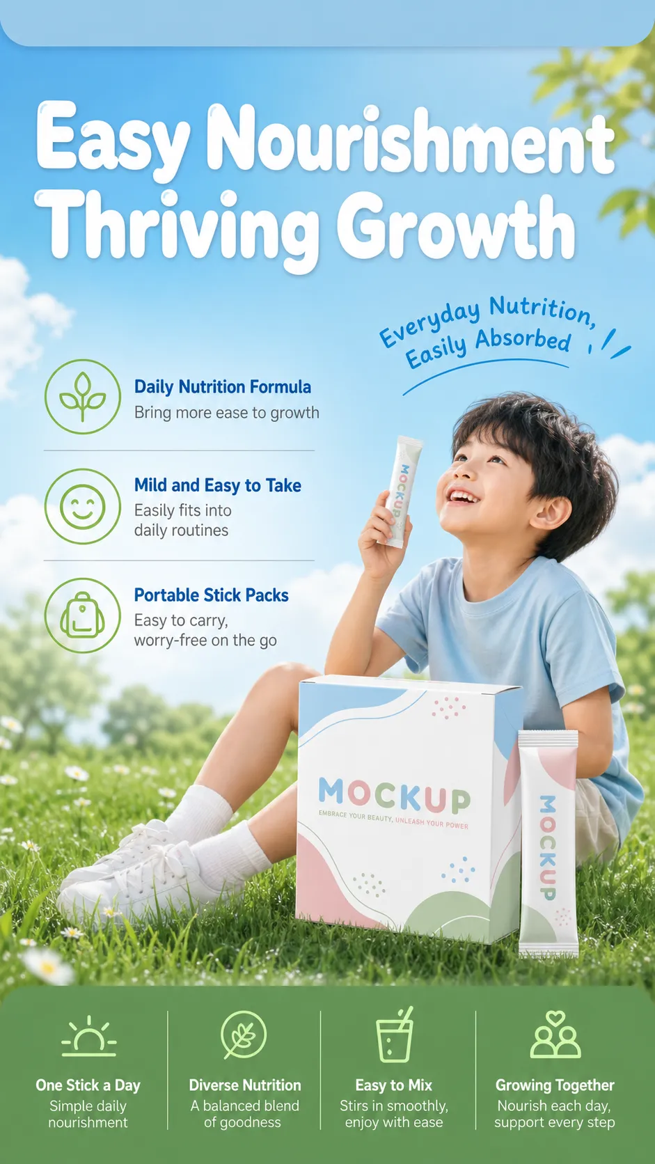 Child nutrition supplement packaging mockup outdoors｜AI Image Generation Prompts