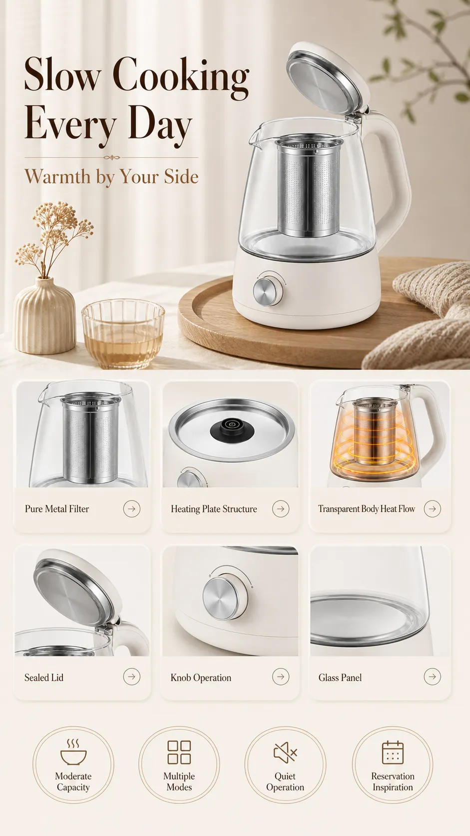 White Glass Electric Kettle with Metal Tea Infuser｜AI Image Generation Prompts