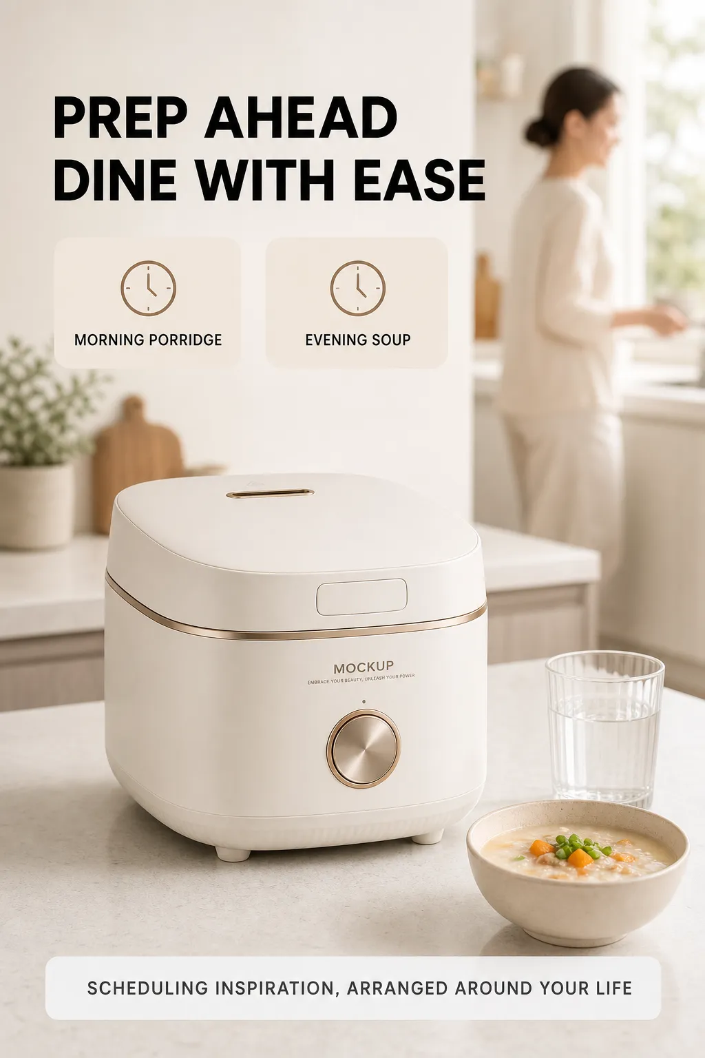 Modern white rice cooker mockup on kitchen counter｜AI Image Generation Prompts