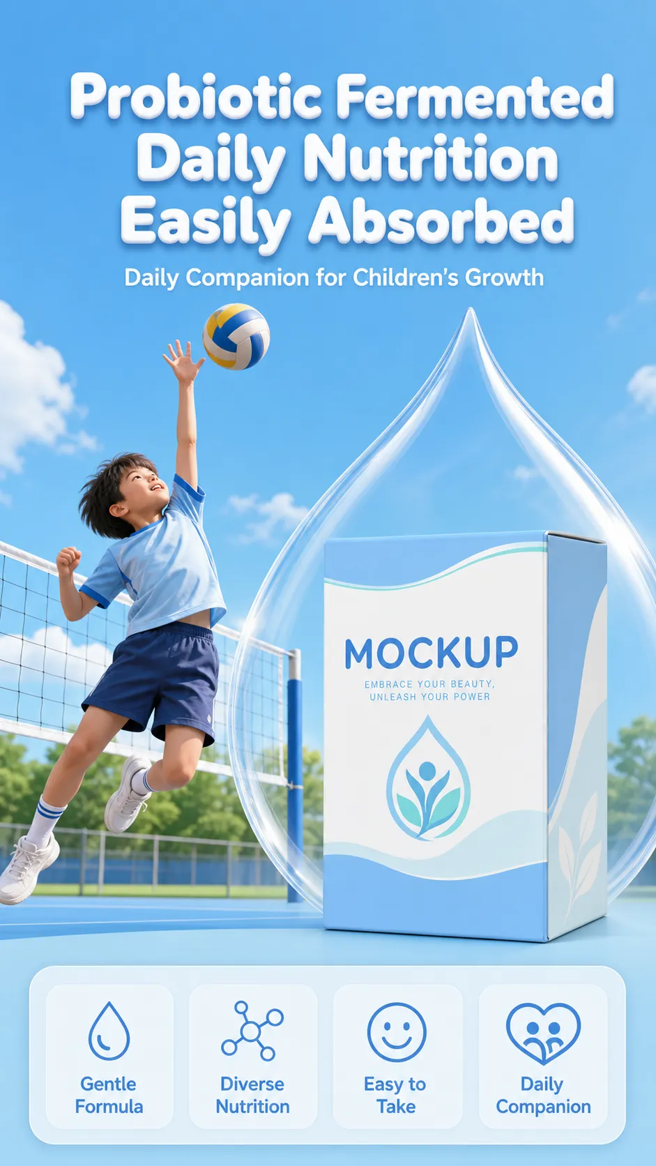 Boy playing volleyball next to nutrition product mockup｜AI Image Generation Prompts