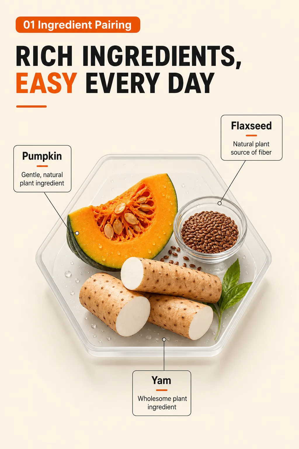 Flaxseed, Pumpkin, and Yam Ingredients Display｜AI Image Generation Prompts