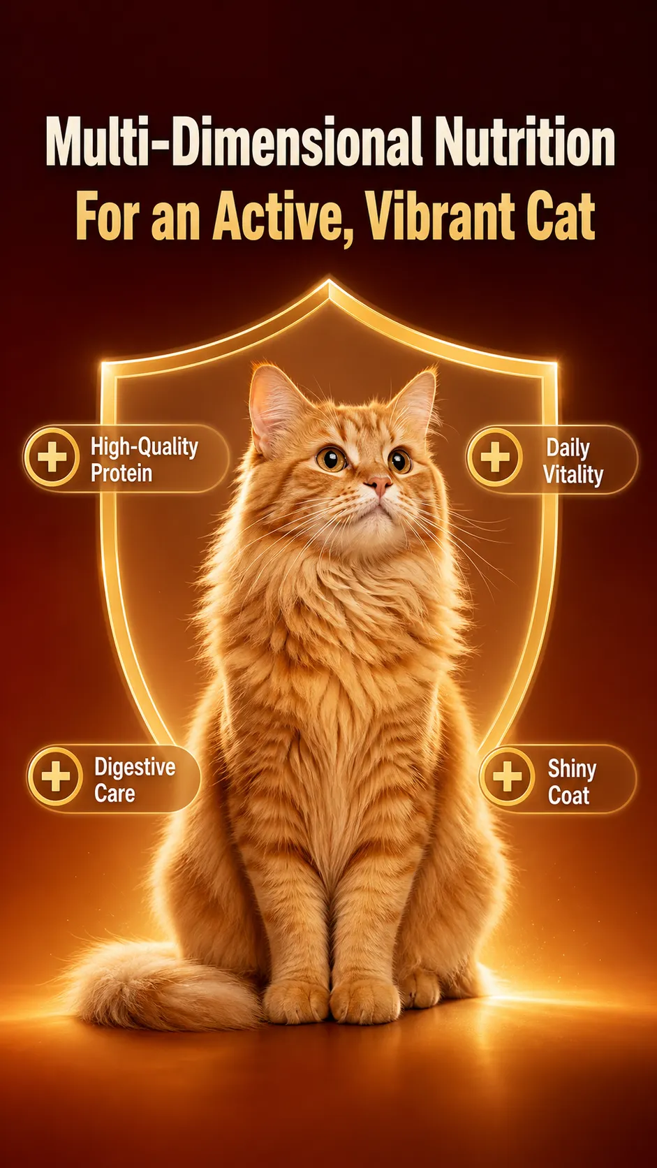 Orange cat inside glowing golden nutrition shield｜AI Image Generation Prompts