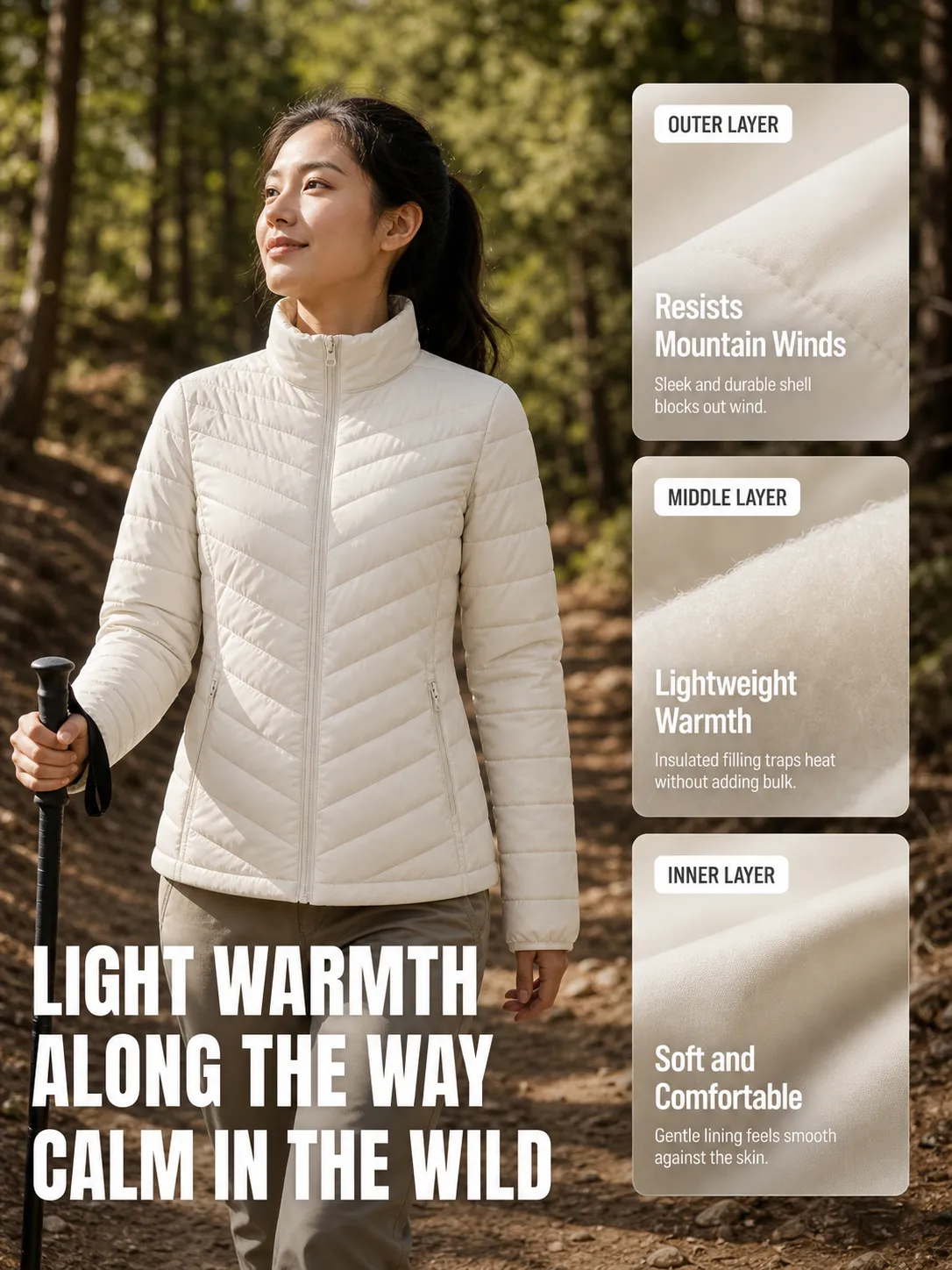 Woman hiking in forest wearing lightweight white jacket｜AI Image Generation Prompts